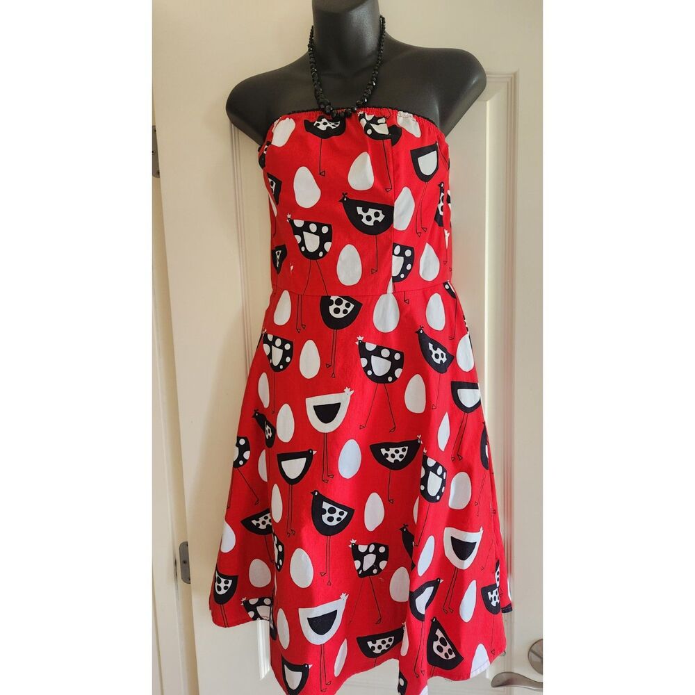 Folter Modcloth Red Black White Chicken & Egg Strapless Cotton Dress Sz M Retro